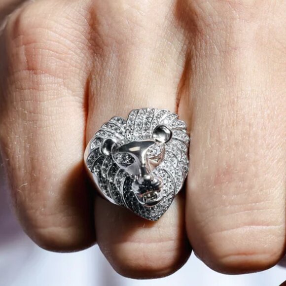 Sterling Silver 925 Rhodium Plated Men's Lion CZ Ring - Picture 5 of 5